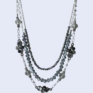 Layered Statement Necklace Gray Silver Crystal Beaded Multi-Strand Y2K